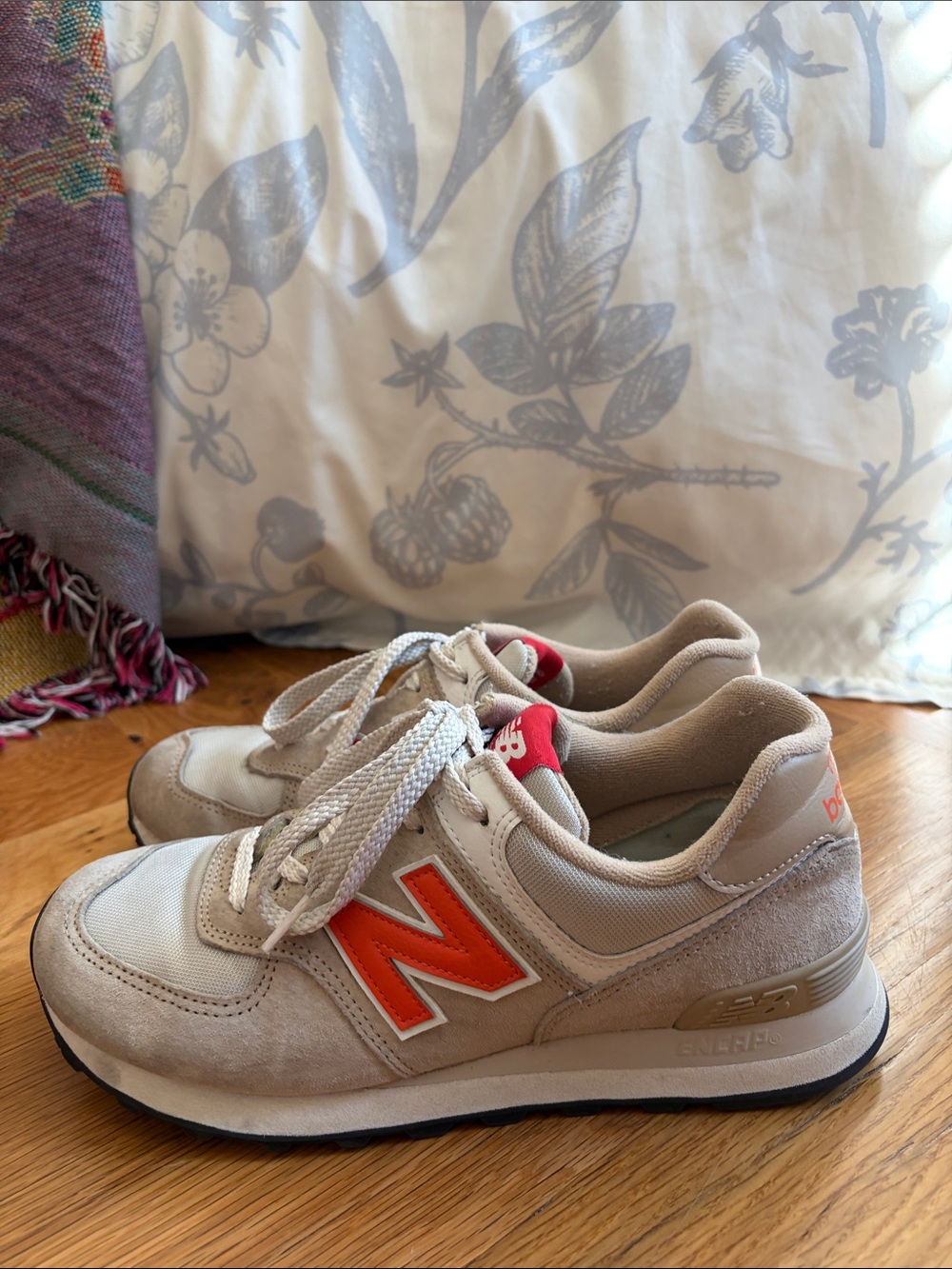 Khaki and Orange Suede New Balance 574 Sneakers